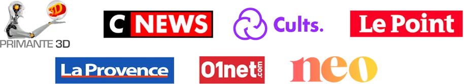 Collection de logos de médias et de sites d'information dont Primante 3D, C NEWS, Cults, Le Point, La Provence, 01net, Neo.