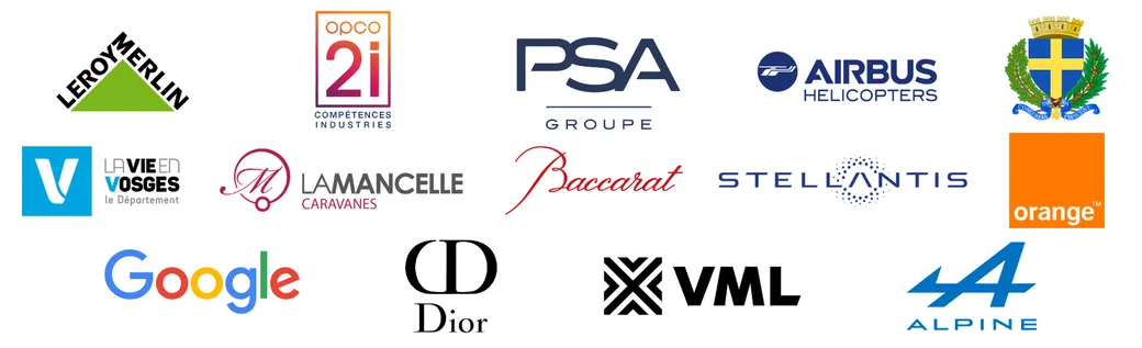 Liste de logos d'entreprises et d'organisations diverses, incluant Leroy Merlin, Opco 2i, PSA Groupe, Airbus Helicopters, un blason, La Vie Est Vue, La Manceille Caravans, Baccarat, Stellantis, Orange, Google, Dior, VML, Alpine.