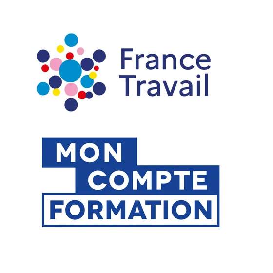 Logo de France Travail avec un symbole de cercles colorés et le texte 'France Travail', suivi d'un panneau bleu avec l'inscription 'MON COMPTE FORMATION'.